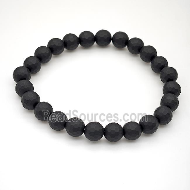 Natural Black Onyx Agate Bracelet Matte Faceted Round Stretchy