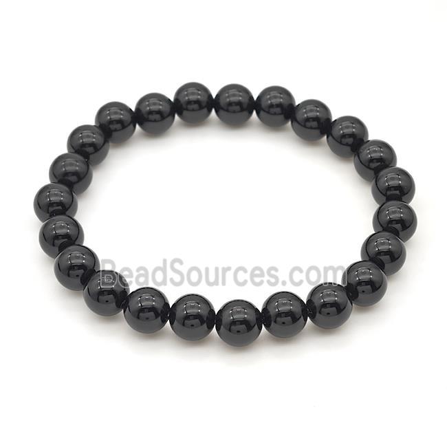 Natural Black Onyx Agate Bracelet Smooth Round Stretchy