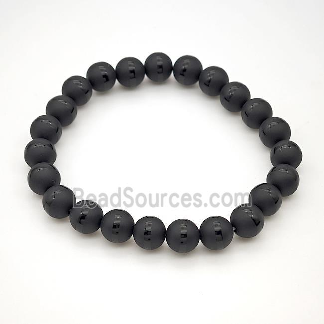 Natural Black Onyx Agate Bracelet Smooth Round Line Stretchy