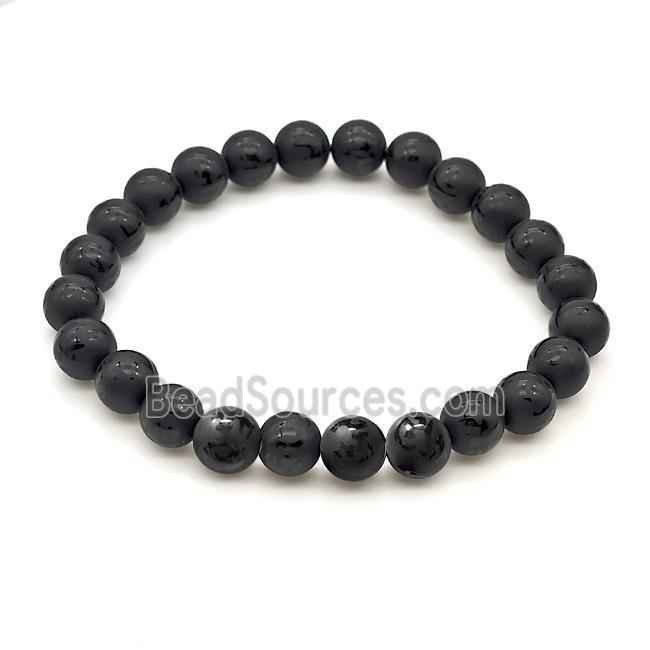 Natural Black Onyx Agate Bracelet Smooth Round Stretchy