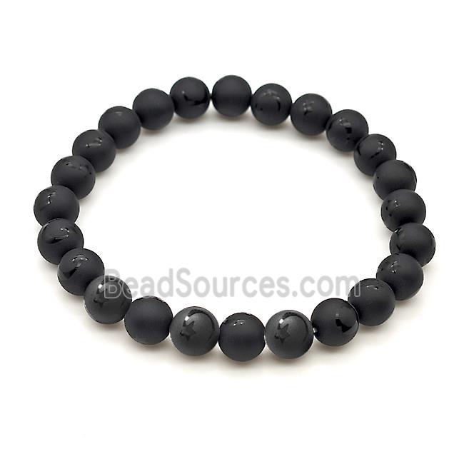 Natural Black Onyx Agate Bracelet Smooth Round Moon Star Stretchy