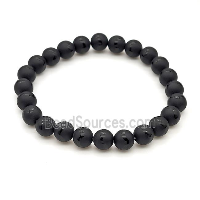 Natural Black Onyx Agate Bracelet Smooth Round Wave Stretchy