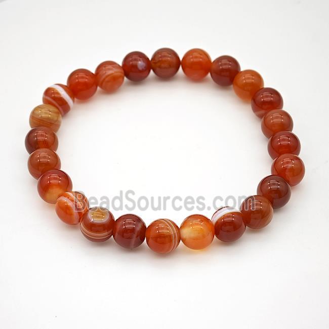 Natural Stripe Agate Bracelet Red Dye Smooth Round Stretchy