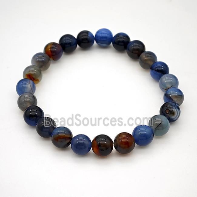 Natural Agate Bracelet Blue Dye Smooth Round Stretchy