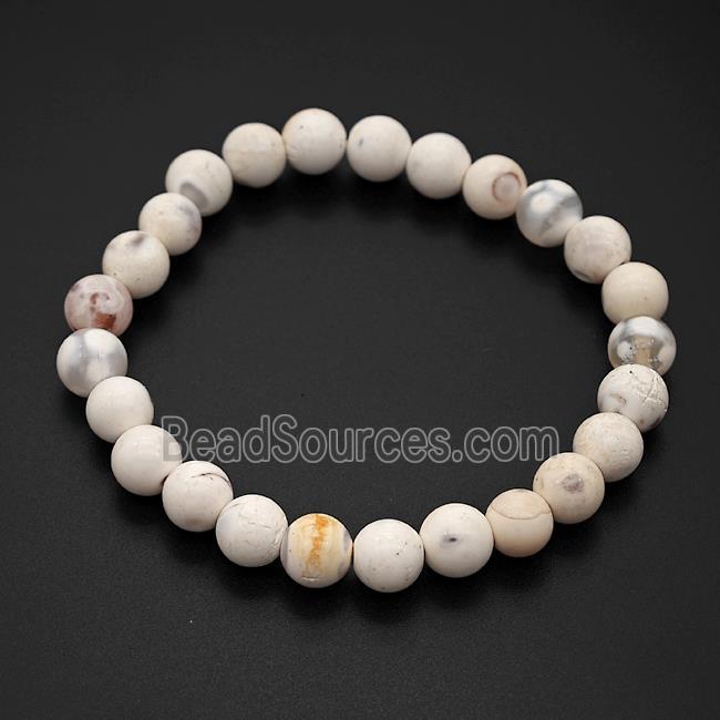 Fire Agate Bracelet White Smooth Round Stretchy