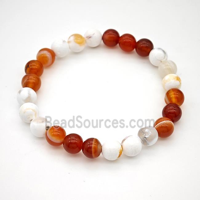 Fire Agate Bracelet White Red Smooth Round Stretchy