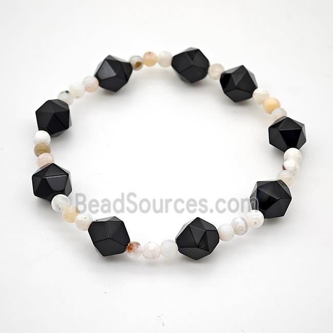 Black Onyx Agate Bracelet Faceted Round Stretchy