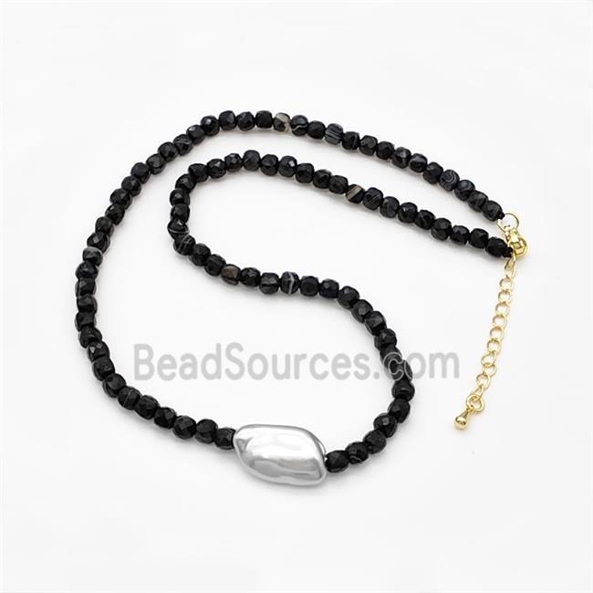 Black Stripe Agate Cube Necklace With Pearl