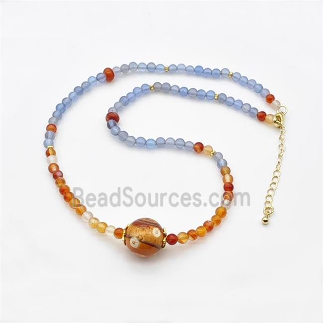 Natural Agate Necklace Blue Red Dye Smooth Round