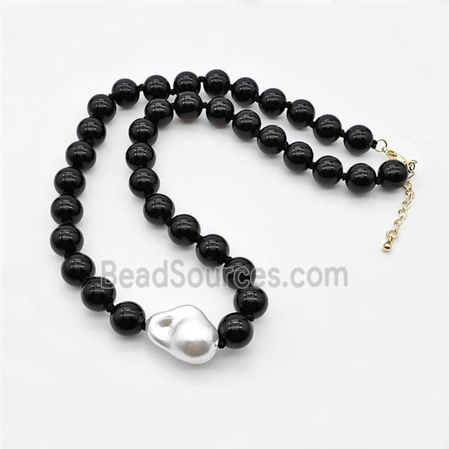 Natural Black Onyx Necklace With Pearl Smooth Round