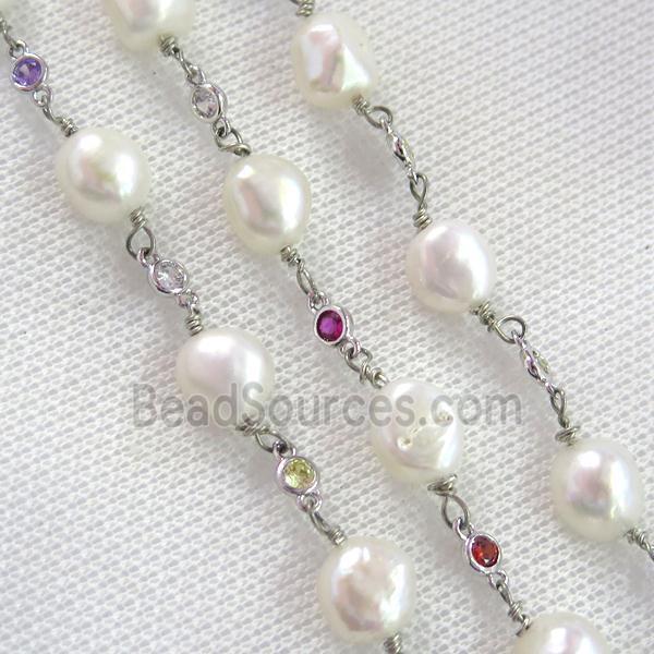 white Pearl chain with zircon, platinum plated