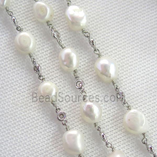 white Pearl chain with zircon, platinum plated