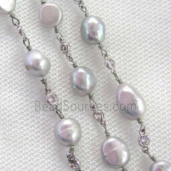 gray Pearl chain with zircon, platinum plated