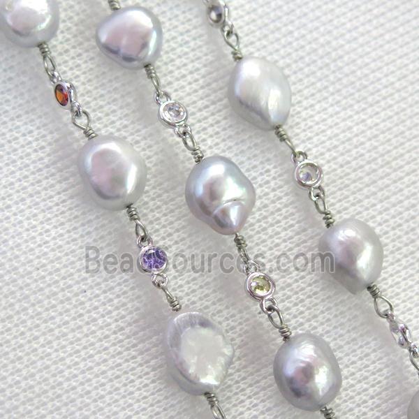 gray Pearl chain with zircon, platinum plated