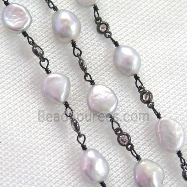 gray Pearl chain with zircon, black plated