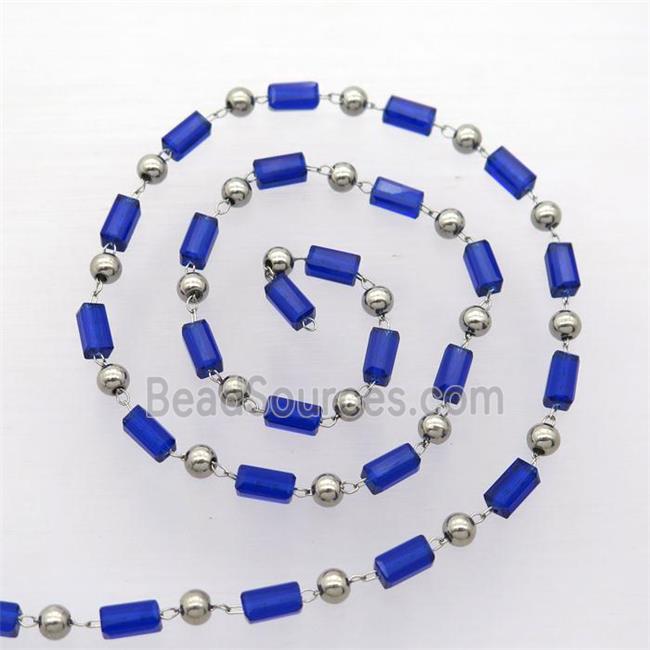 raw stainless steel chain with blue crystal glass