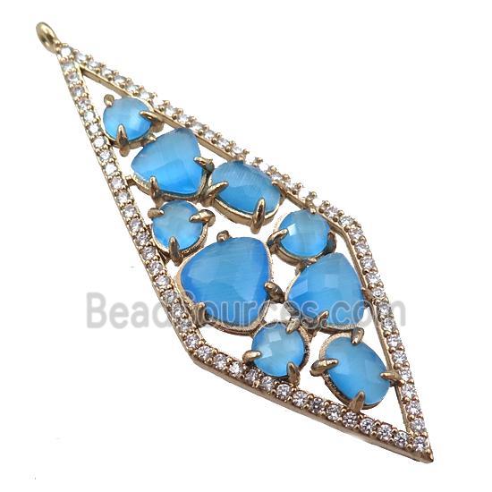 copper polygon pendant paved zircon with blue crystal glass, hollow, gold plated