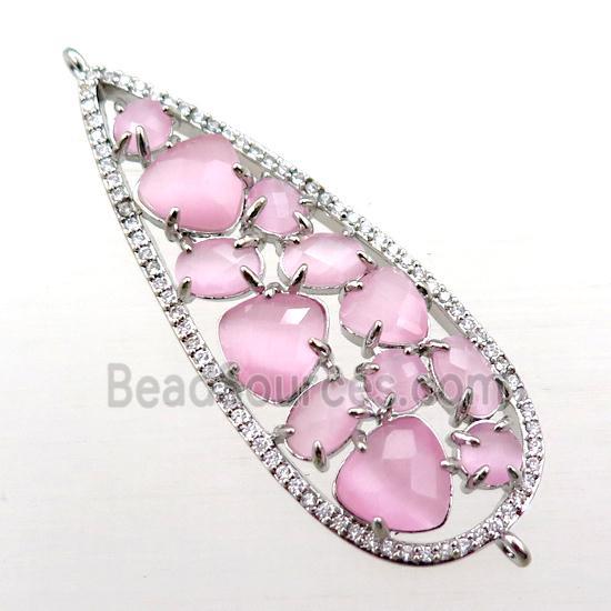 copper teardrop connector paved zircon with pink crystal glass, hollow, platinum plated