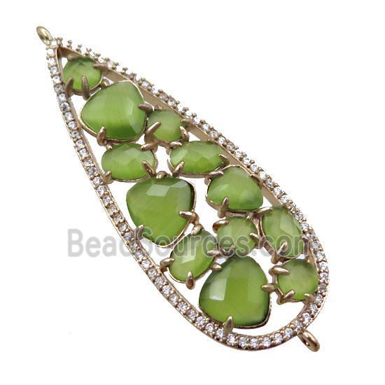 copper teardrop connector paved zircon with green crystal glass, hollow, gold plated