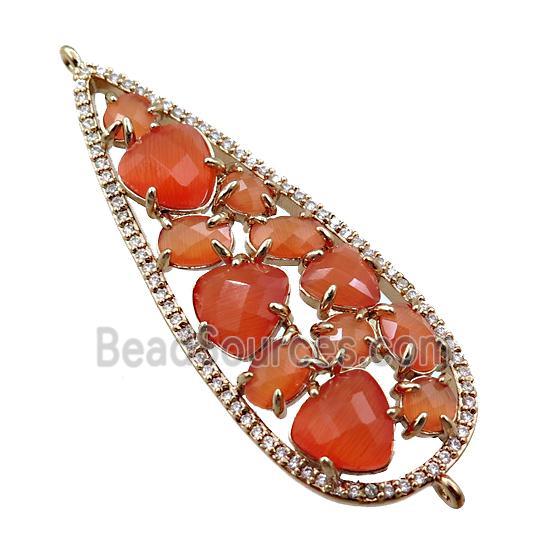 copper teardrop connector paved zircon with orange crystal glass, hollow, gold plated