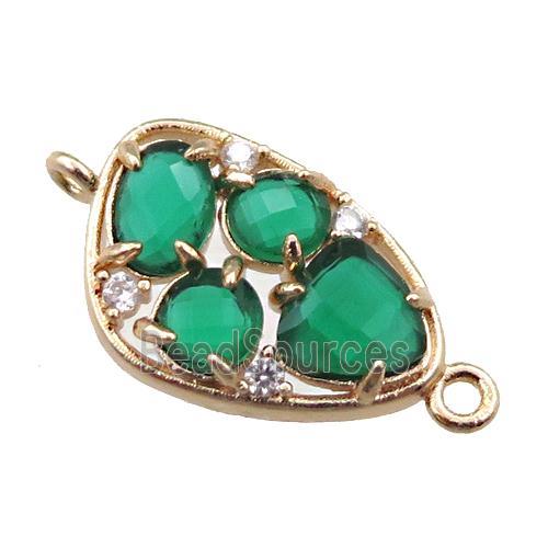 copper teardrop connector paved zircon with green crystal glass, hollow, gold plated