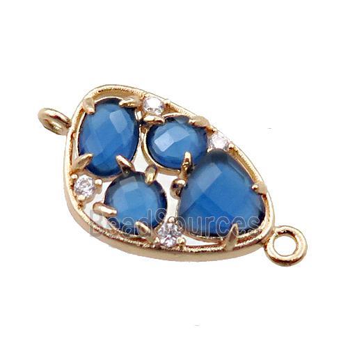 copper teardrop connector paved zircon with blue crystal glass, hollow, gold plated