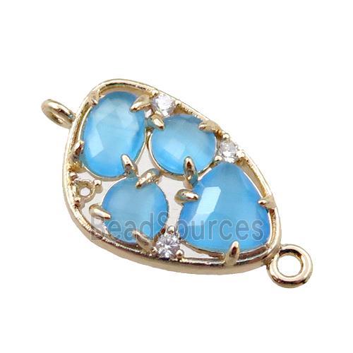 copper teardrop connector paved zircon with blue crystal glass, hollow, gold plated