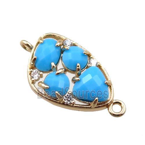 copper teardrop connector paved zircon with blue crystal glass, hollow, gold plated