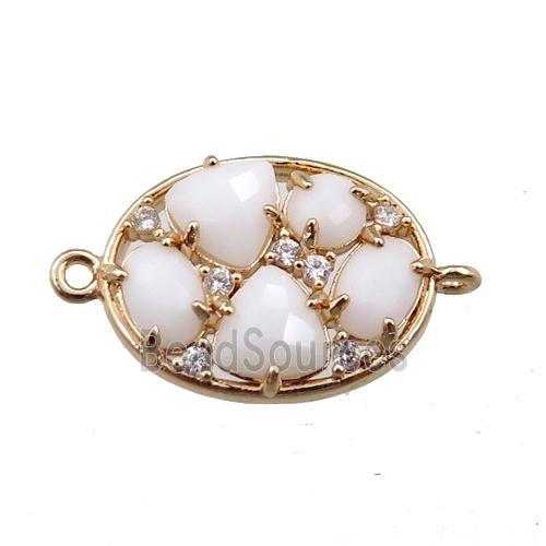 copper oval connector paved zircon with white crystal glass, hollow, gold plated