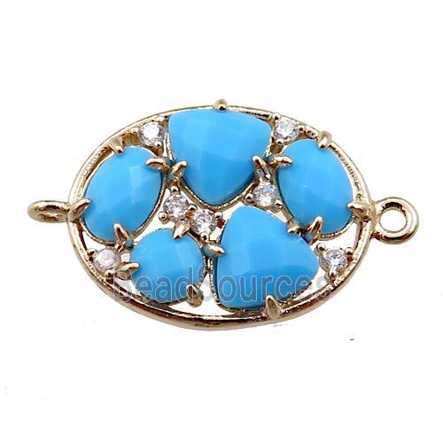 copper oval connector paved zircon with blue crystal glass, hollow, gold plated