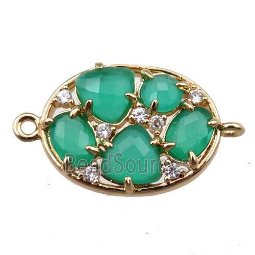 copper oval connector paved zircon with green crystal glass, hollow, gold plated