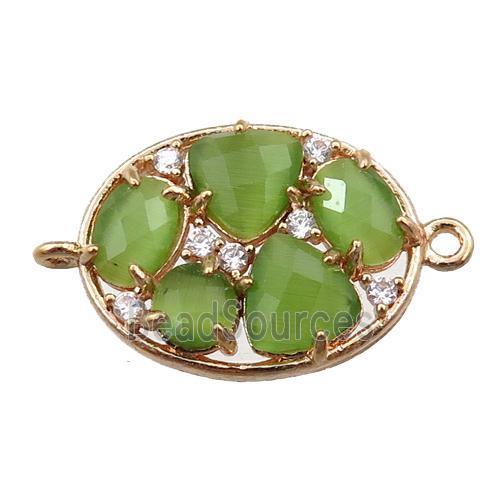 copper oval connector paved zircon with olive crystal glass, hollow, gold plated