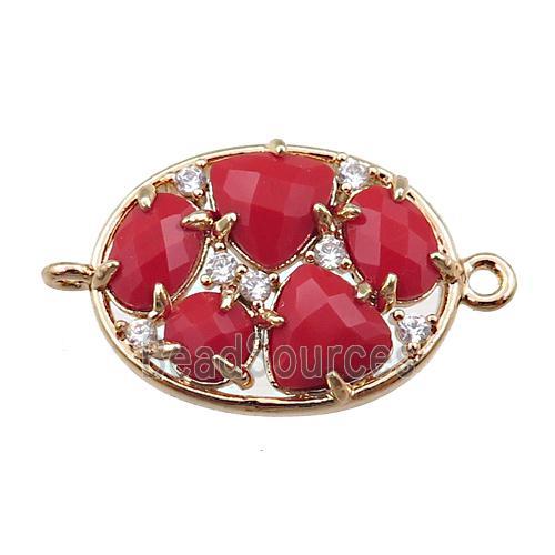 copper oval connector paved zircon with red crystal glass, hollow, gold plated