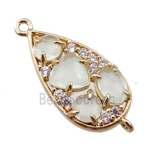 copper teardrop connector paved zircon with white crystal glass, hollow, gold plated