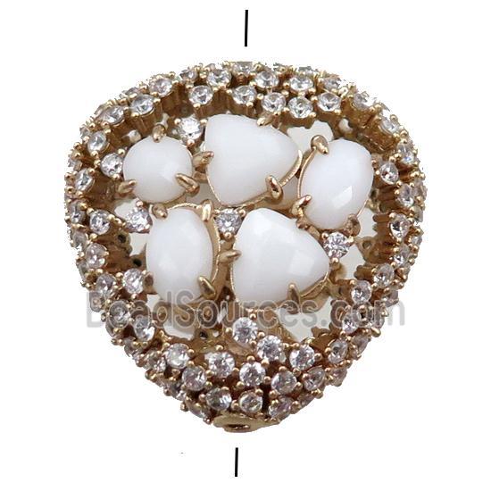 copper heart beads paved zircon with white crystal glass, hollow, gold plated