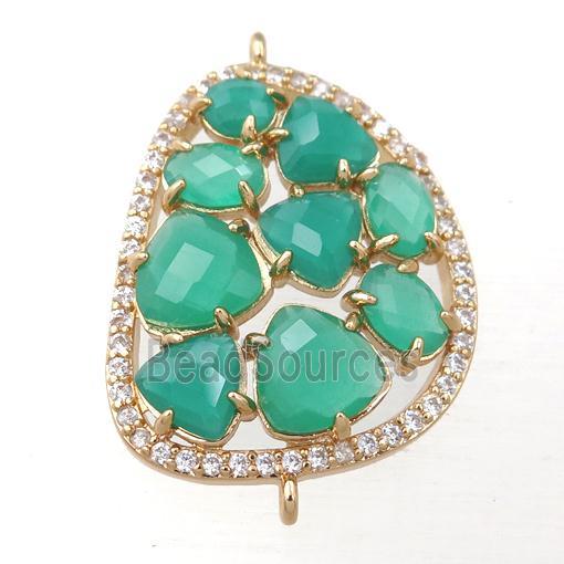 copper teardrop connector paved zircon with green crystal glass, hollow, gold plated