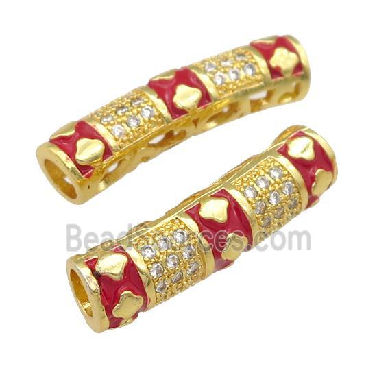 copper tube beads paved zircon with red enaeml, large hole, gold plated