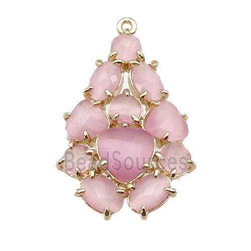 copper Tree pendant pave pink Cat Eye Crystal, gold plated