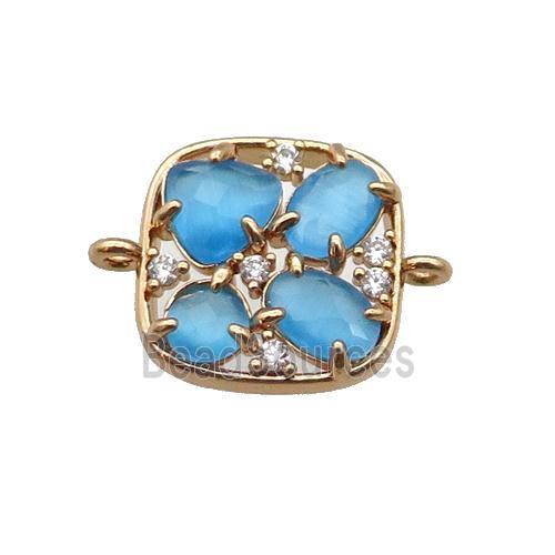 copper square connector pave blue Cat Eye Crystal, gold plated