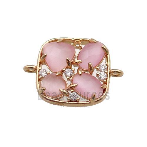 copper square connector pave pink Cat Eye Crystal, gold plated