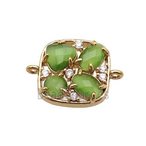 copper square connector pave olive Cat Eye Crystal, gold plated