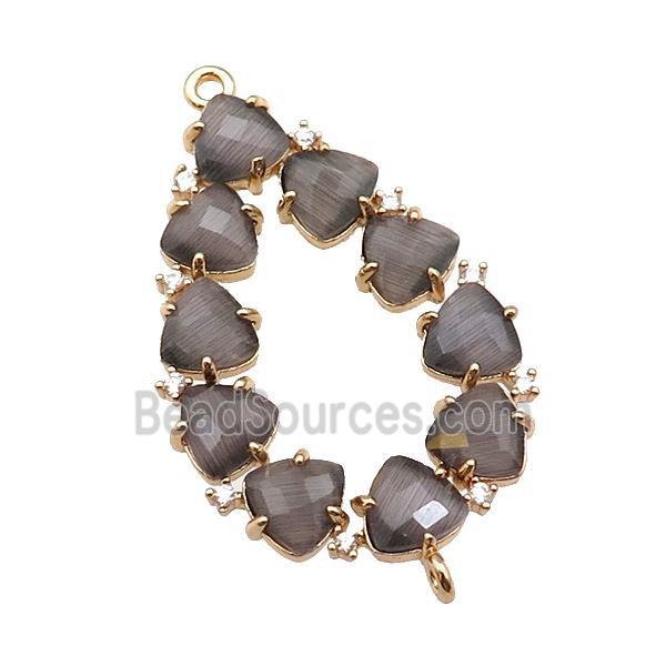 copper teardrop connector pave gray Cat Eye Crystal, gold plated