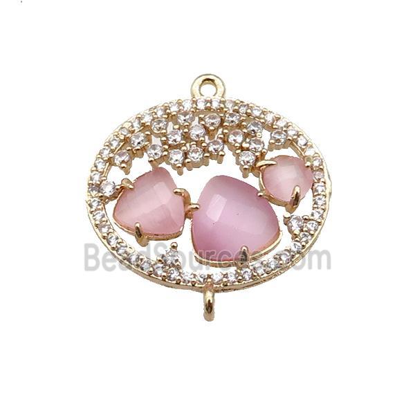 copper circle connector pave pink Cat Eye Crystal, gold plated