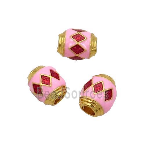 Alloy Barrel Beads Pink Enamel Large Hole Gold Plated