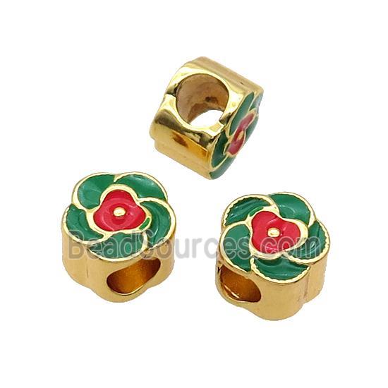 Copper Flower Beads Pink Enamel Large Hole Gold Plated