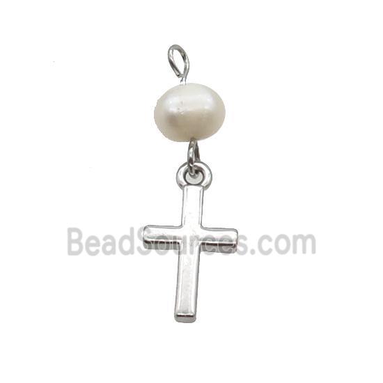 Copper Cross Pendant With Pearl Platinum Plated