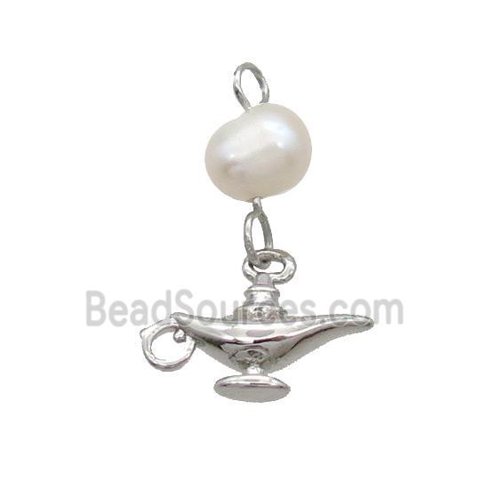 Copper Pendant With Pearl Aladdin Lamp Platinum Plated