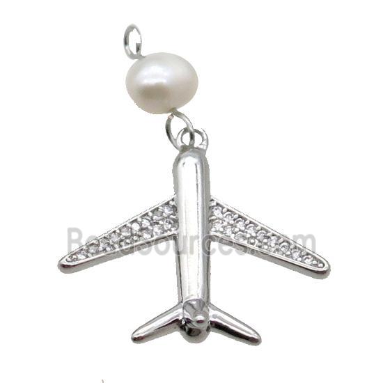 Copper Airplane Pendant Pave Zircon With Pearl Platinum Plated