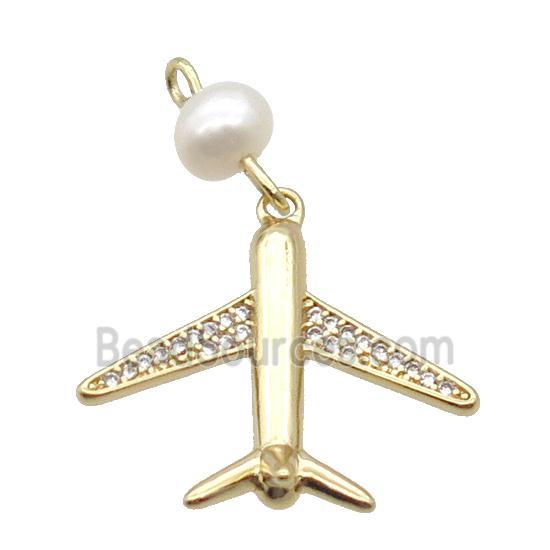 Copper Airplane Pendant Pave Zircon With Pearl Gold Plated