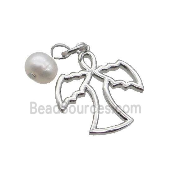 Copper Angel Pendant With Pearl Platinum Plated